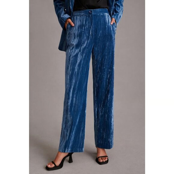 STELLA NOVA Livi PANTS Size 36 S Blue Crushed Velvet Straight Leg Pockets NEW - Picture 3 of 14